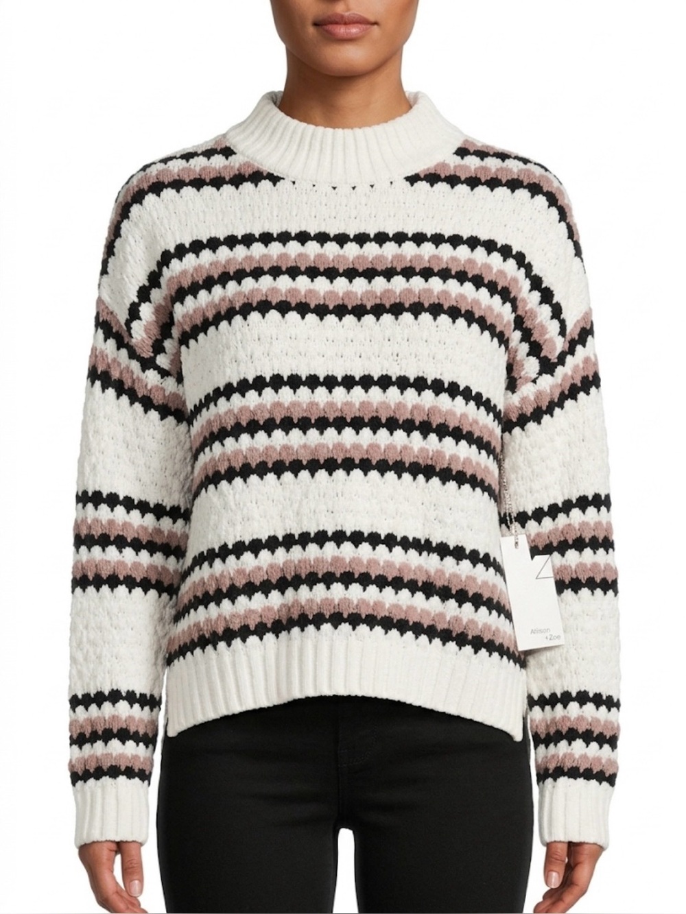 NWT Allison + Zoe Mock Neck Striped Textured Knit Sweater - Size L
